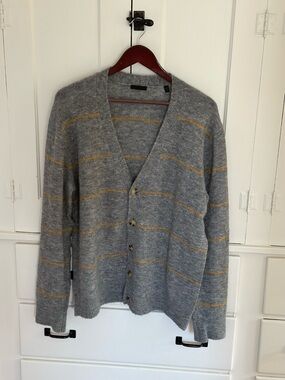 ATM Gray Striped Button-Up Cardigan Sweater
